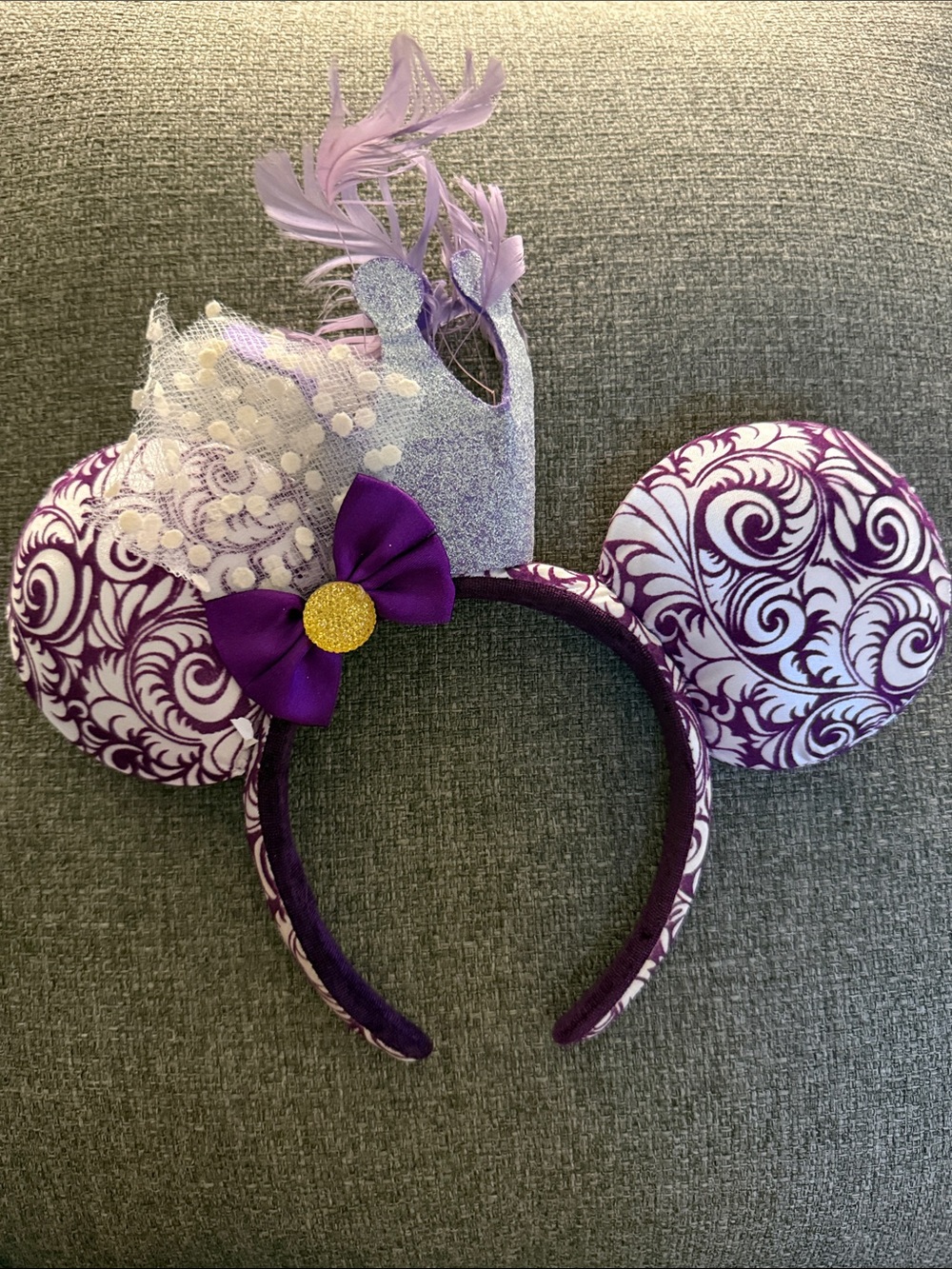 Disney Purple Swirl Minnie Ears Headband with Crown and Feathers